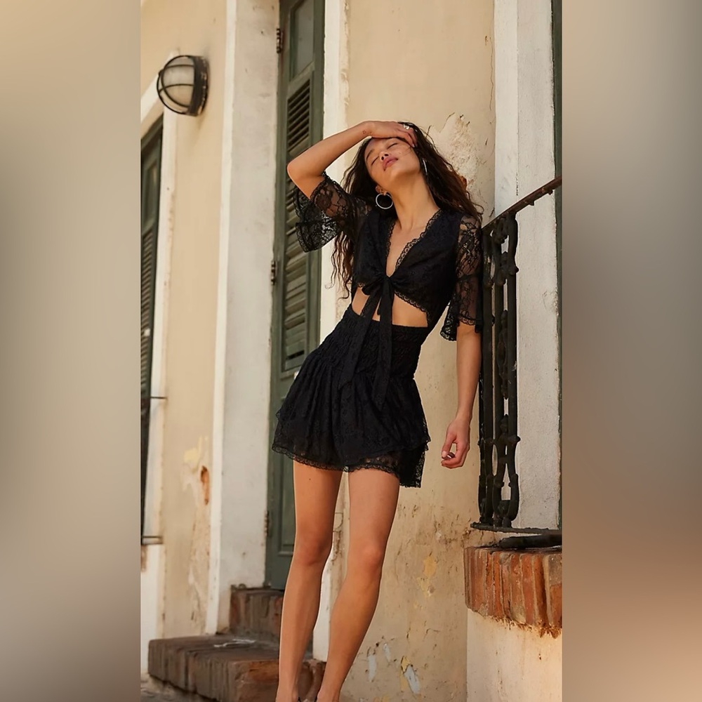 Free People Lala Lace Cut Out Tiered Mini Dress NWOT Black Size S